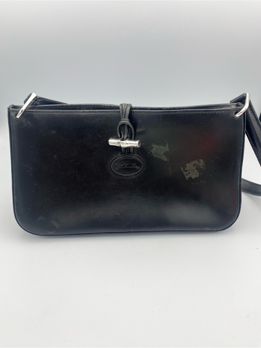 Longchamp Black Leather Shoulder Bag with Silver Toggle